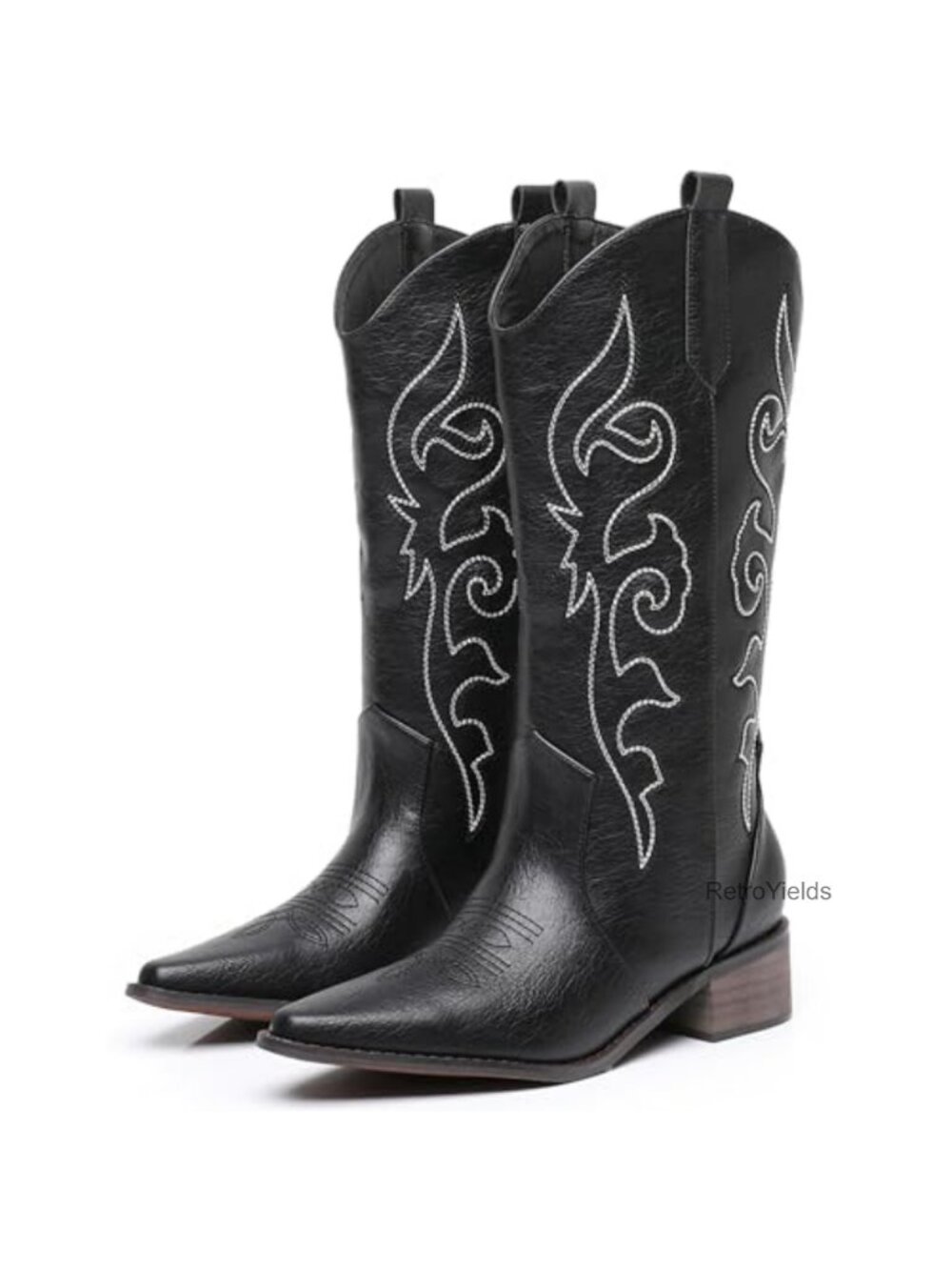 Pointed Toe Chunky Heel Western Mid Calf Boots Faux Leather